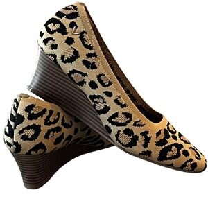 NWOT Vivaia Margot Square Toe Wedge Shoes Womens 38.5 Leopard Knit